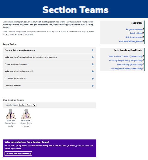Section Teams Page